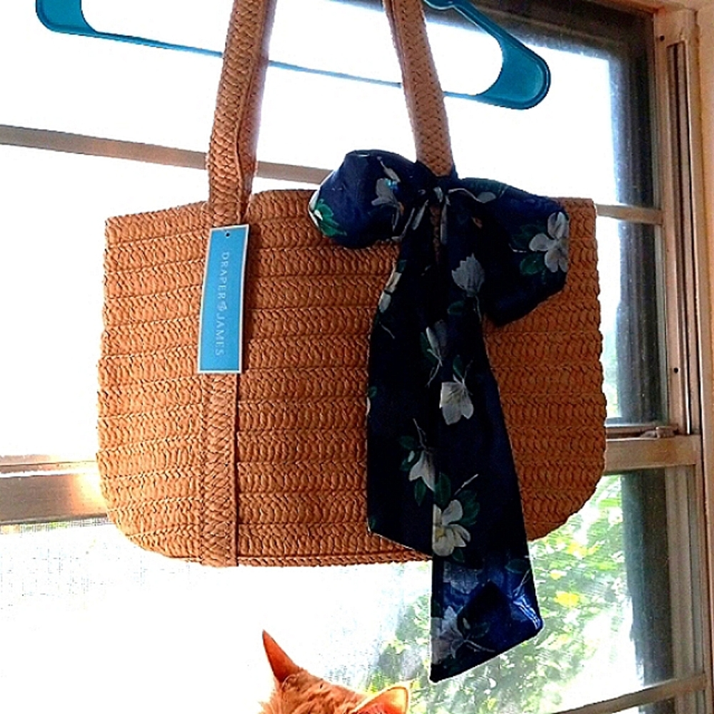 DRAPER JAMES straw bag with Silky blue floral scarf, NWT, Lined W/pkt